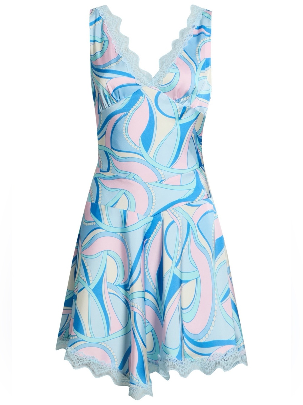 Avec Les Filles Asymmetric Mini Dress Lace Satin Paisley Sleeveless Y2K Pucci
